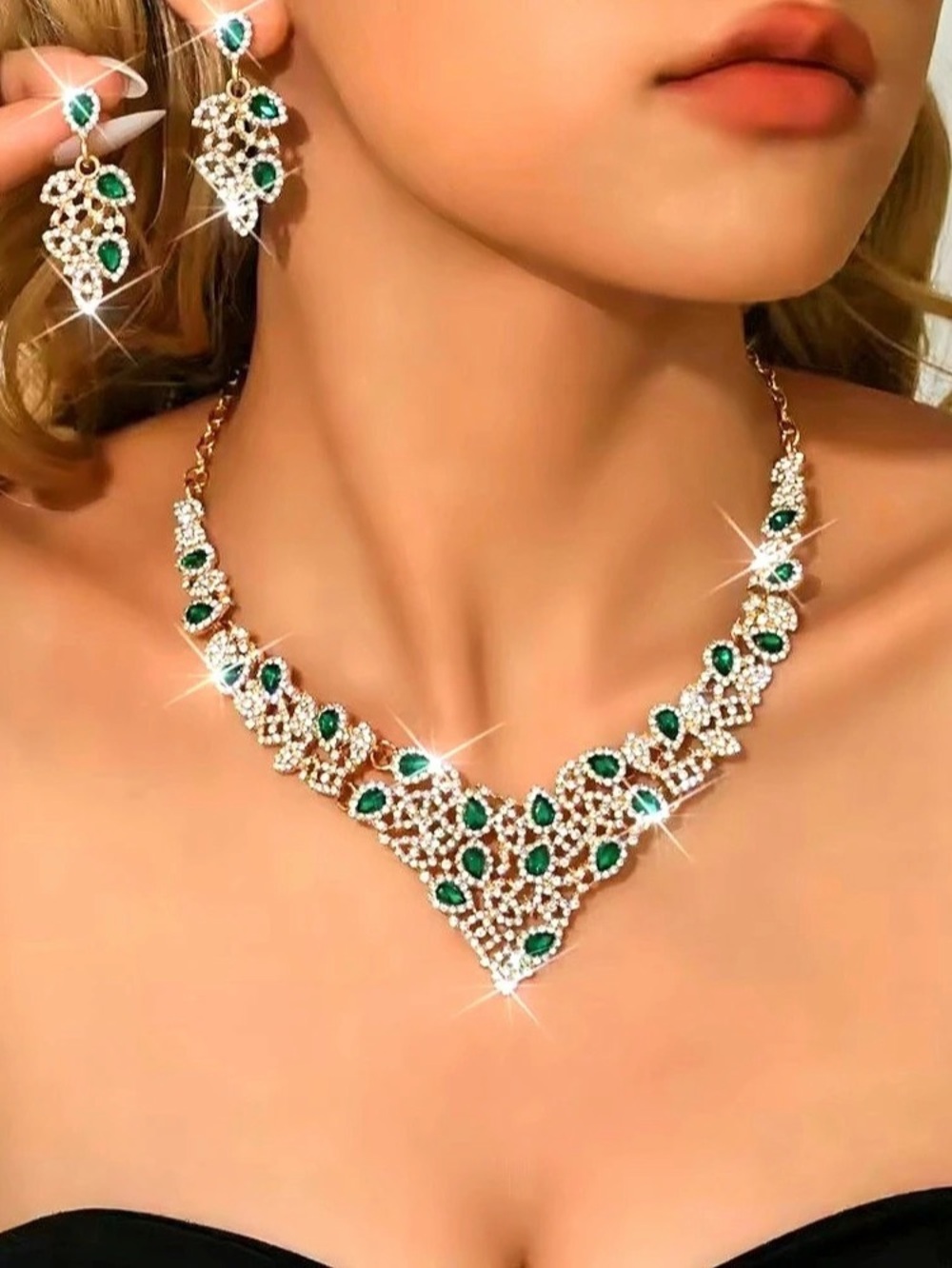 New Emerald Green Rhinestone Jewelry Set